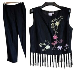 Vintage Cartise International pant set linen rayon blend fringe embroidery 8(US)